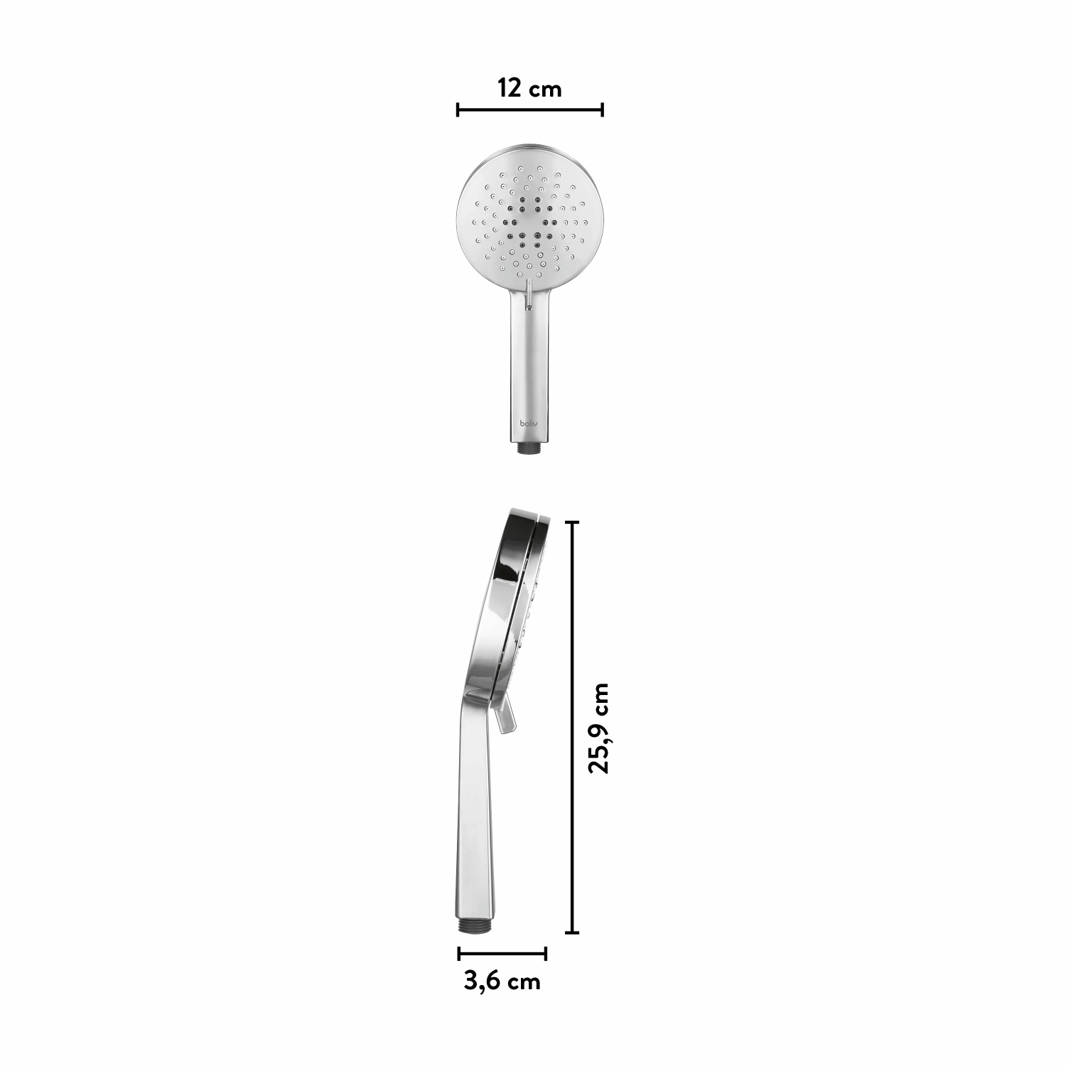 baliv Handbrause HBR-120.130, verchromt, Ø 12 cm, mit Maßangaben.