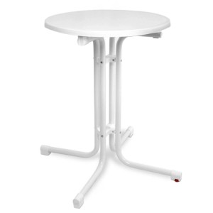 Weißer, runder Beautissu Bistroni Bistrotisch ø60xH70cm mit klappbarem Metallgestell, ideal für Garten & Terrasse.