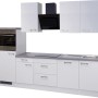 Weiße Flex-Well Küchenzeile Joelina 280 cm mit Beton-Optik Arbeitsplatte, E-Geräten und Edelstahlspüle.
