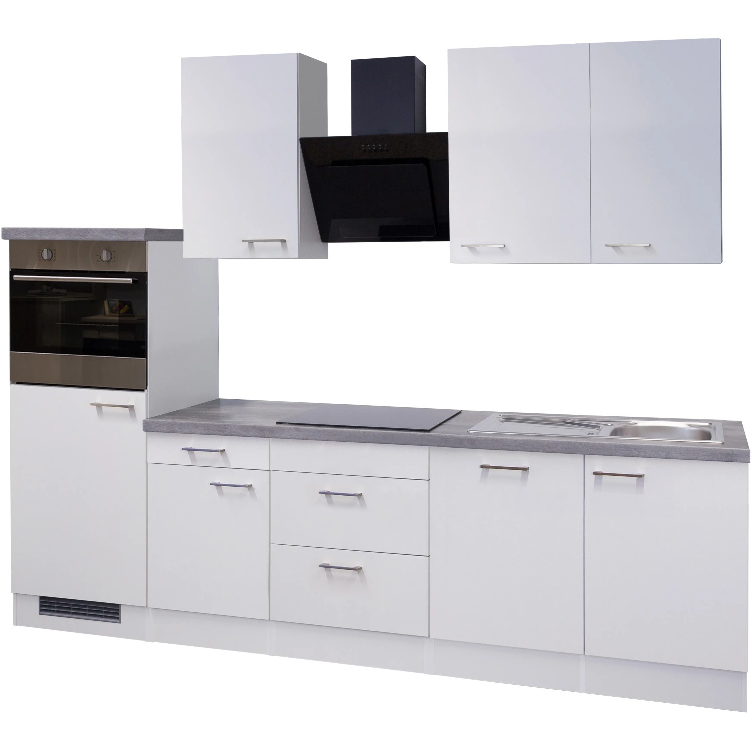 Weiße Flex-Well Küchenzeile Joelina 280 cm mit Beton-Optik Arbeitsplatte, E-Geräten und Edelstahlspüle.