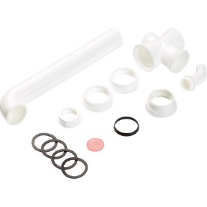 Ablaufverbindung für Doppelspüle, weiß, mit diversen Anschlussstücken und Dichtungen.