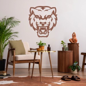 Wanddeko Tiger aus Holz (Mahagoni Furnier, 30x33cm) im Wohnzimmer.