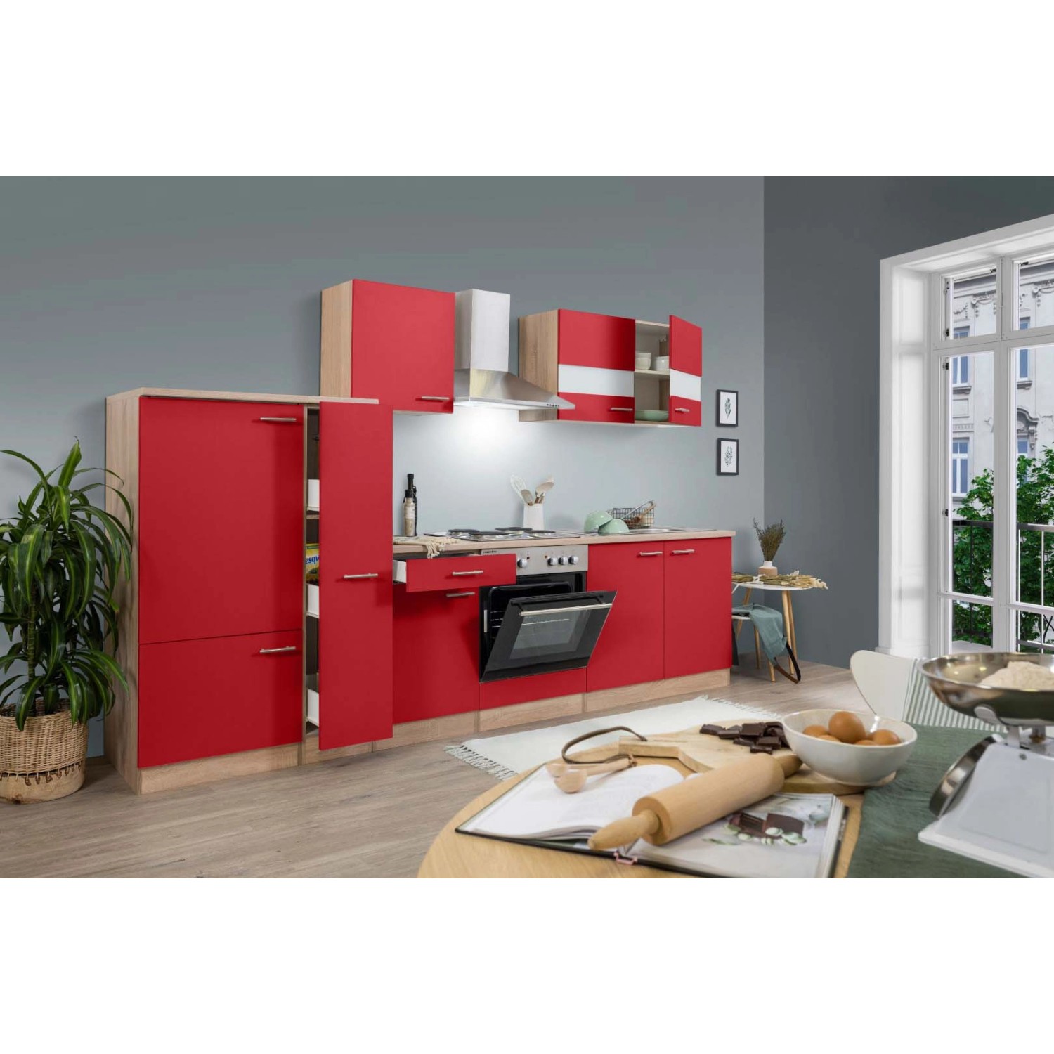 Respekta Küchenzeile/Küchenblock ohne E-Geräte 300 cm Rot-Eiche Sägerau