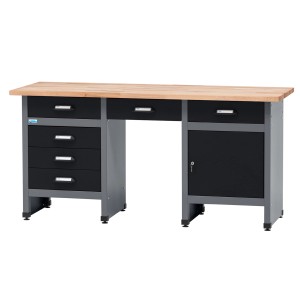 Küpper Werkbank mit 6 Schubladen, Tür und Sitzraum, schwarz-grau, mit Buchenholzplatte.