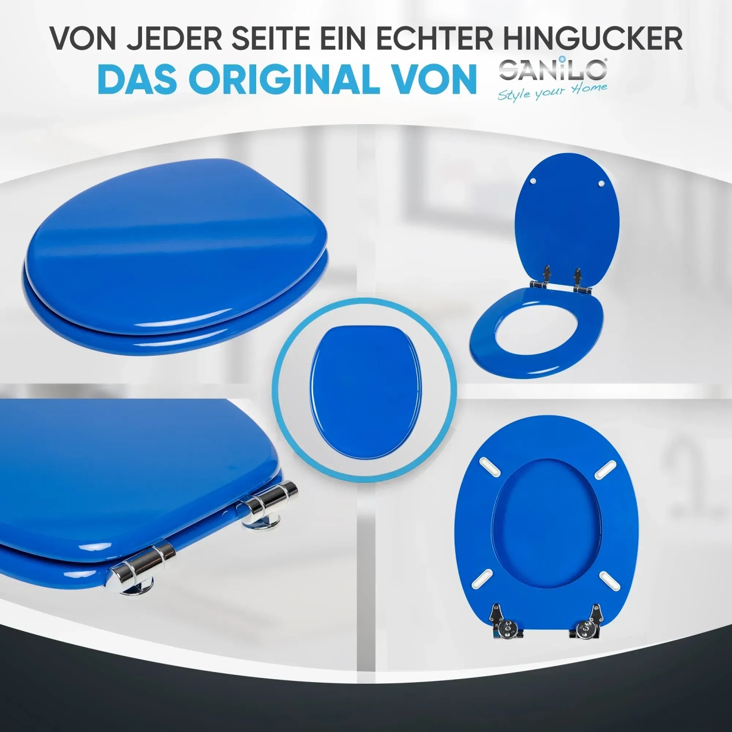 Blauer Sanilo WC-Sitz mit Absenkautomatik aus Holz, verschiedene Ansichten.