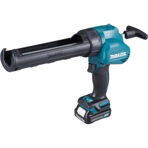 Makita Akku-Kartuschenpistole CG100DSYEX 10,8 V mit Zubehör. Akkugerät in türkis und schwarz.