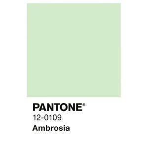 Farbprobe Alpina Innenfarbe Pantone Ambrosia Pastellgrün. Quadratischer Farbfleck mit Pantone-Code.