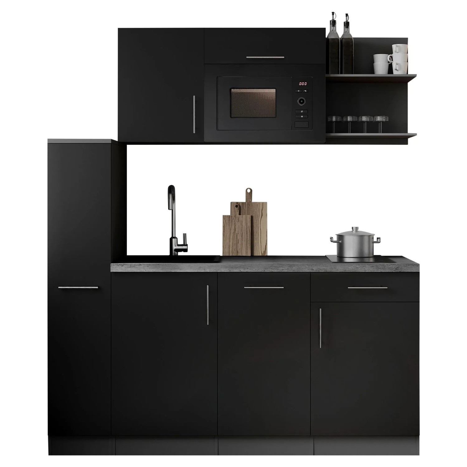Respekta Singleküche Oliver 175 cm H 200 cm Schwarz Seidenglanz mit Mikrowelle
