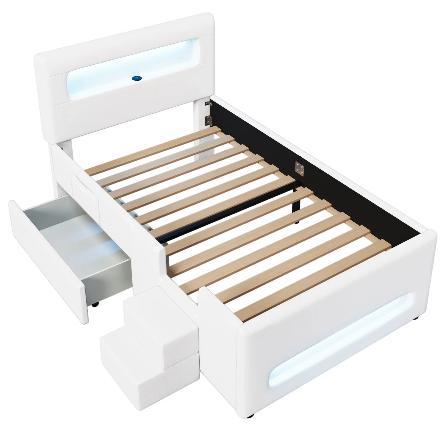 Merax Plattformbett 90x200 cm mit Treppe Schubladen USB LED Weiß