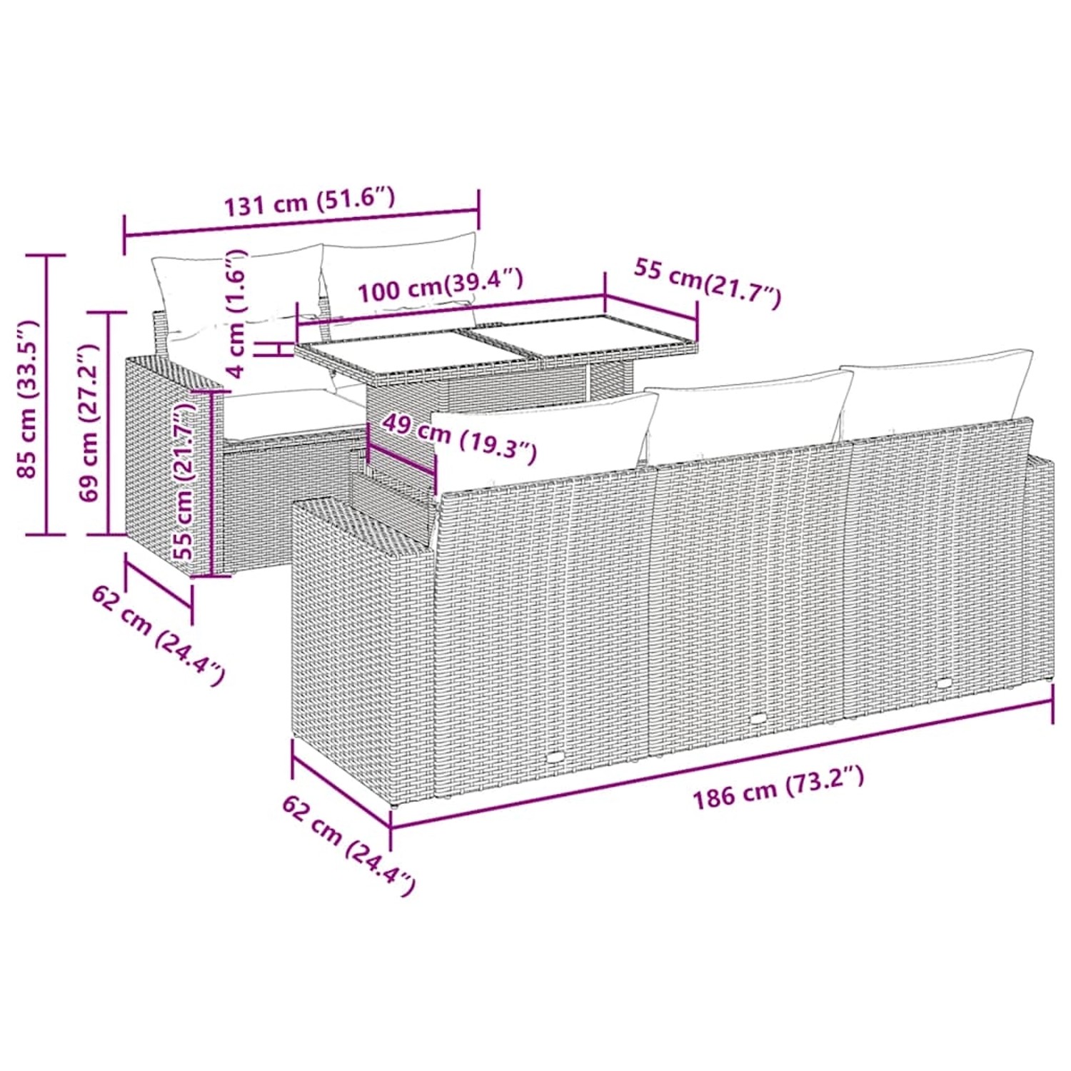 vidaXL 6-Tlg. Garten-Sofagarnitur Braun Poly Rattan mit Maßen und Details.