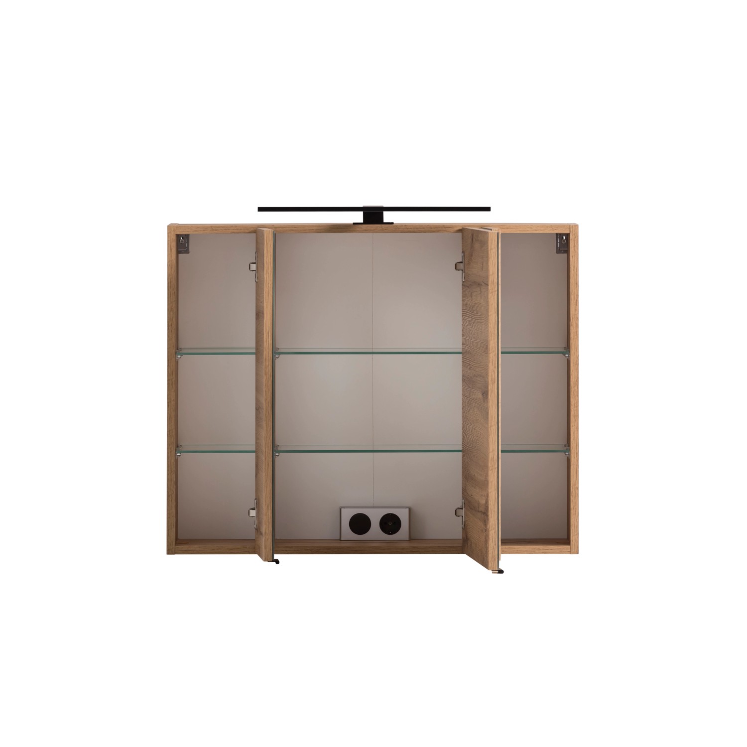 Held Möbel 3D-Spiegelschrank Padua 80 cm in Wotan-Eiche mit geöffneten Türen und Glasböden.