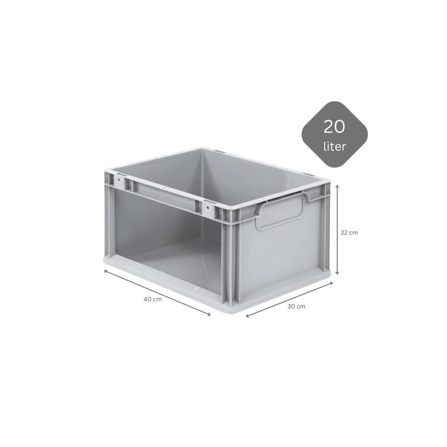 Graue PROREGAL Eurobox NextGen Store, 20 Liter, mit seitlicher Öffnung und Maßangaben.