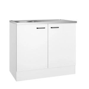 Weißer OPTIFIT Spülenunterschrank Bonn214 mit Auflagespüle aus Edelstahl, Front Feinstruktur Weiß.
