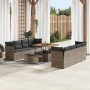 Graues 11-tlg. vidaXL Garten-Sofa-Set aus Poly Rattan mit Tisch und Hockern für Terrasse oder Garten.