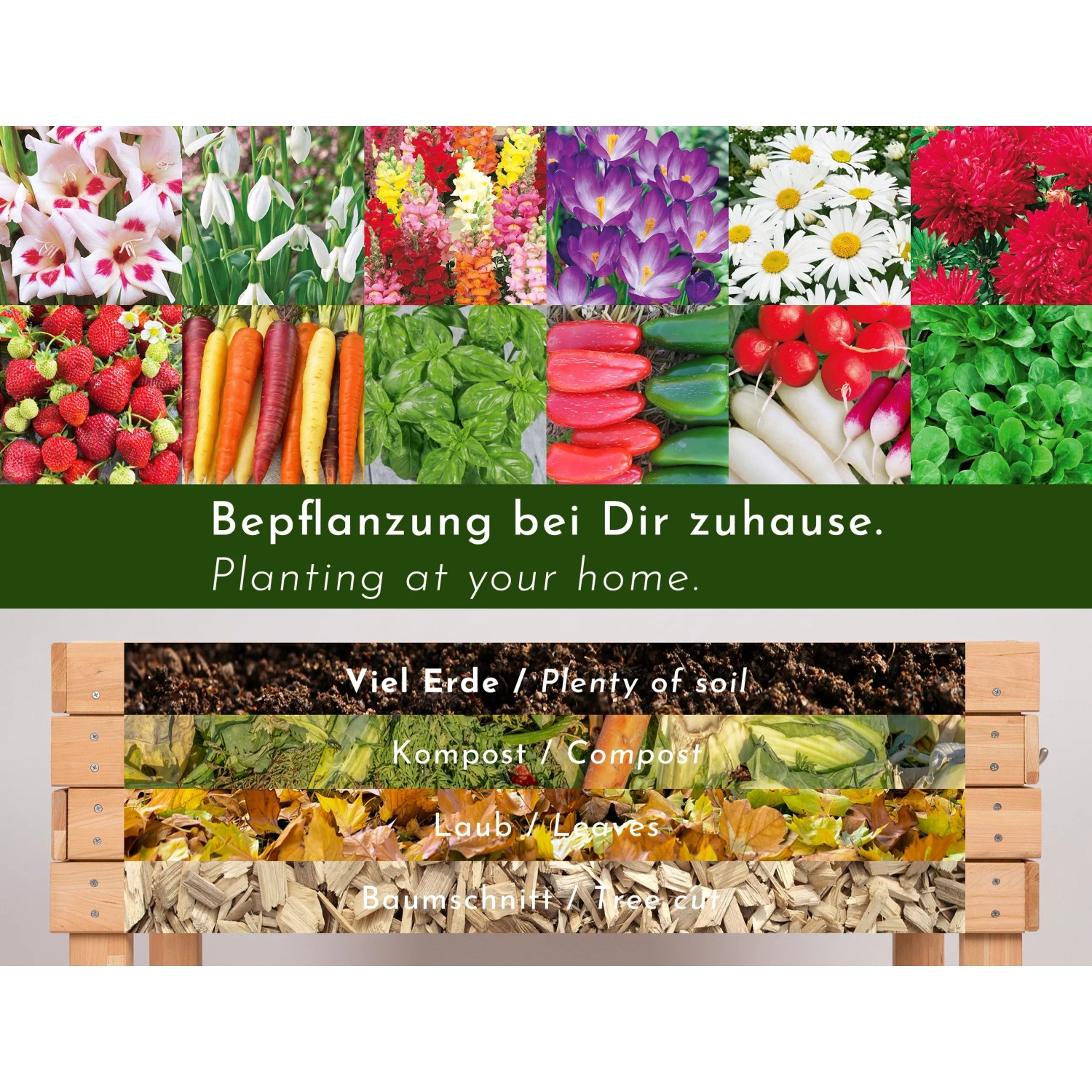 WONDERMAKE Hochbeet aus Kirschbaumholz mit Erd-, Kompost-, Laub- und Baumschnittschichten.
