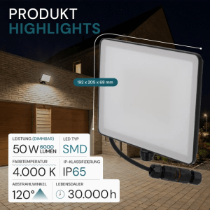 LUXULA LED Fluter 50W 4000K Neutralweiß Außenstrahler Schwarz IP65 Kabelverbinder & Plug-In Sensor Vorrichtung