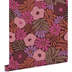 ESTAhome Vliestapete mit Blumen im Matisse-Stil. Rosa, Lila, Terrakotta Blüten auf dunklem Grund. Dekorative Tapete.