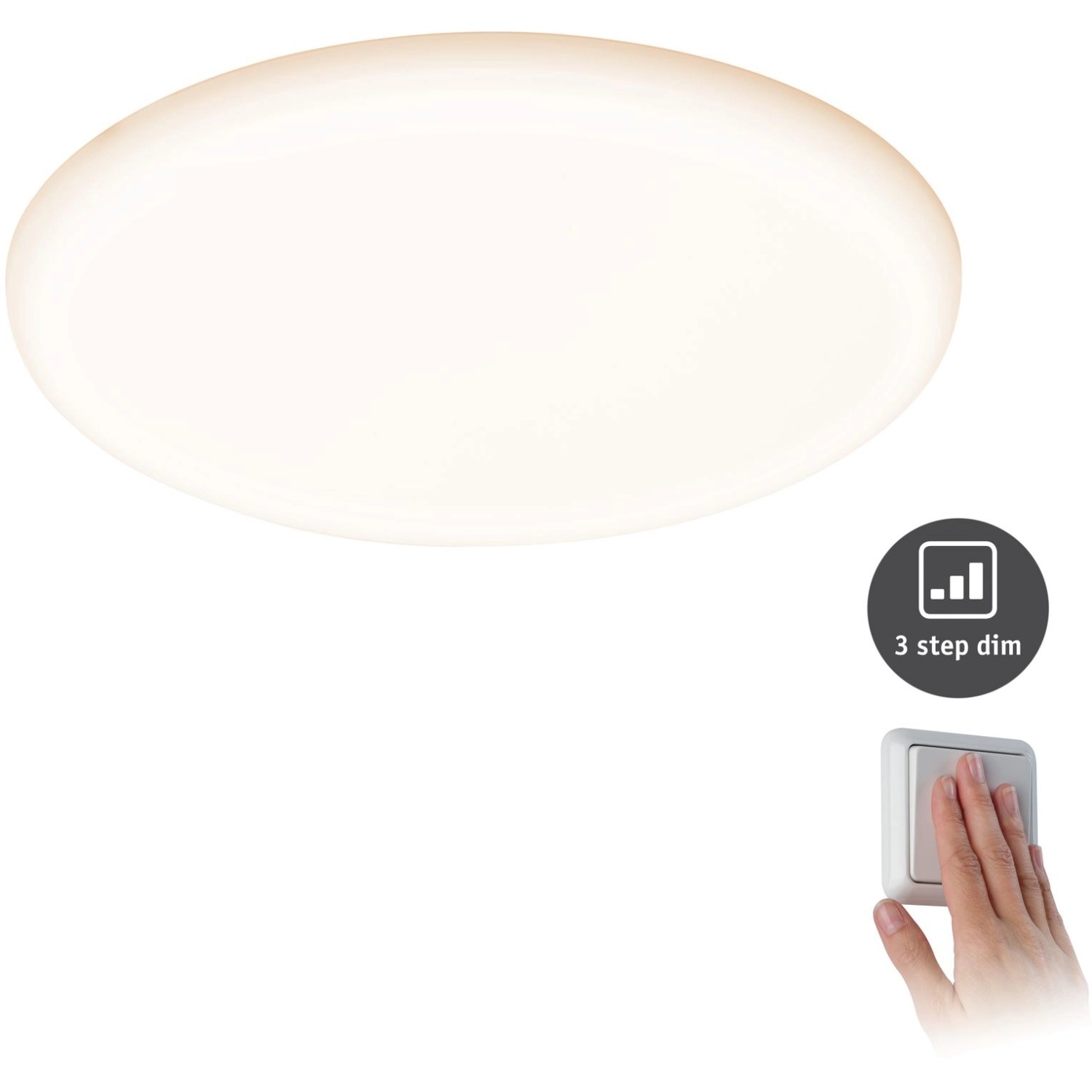 Rundes, dimmbares Paulmann LED-Einbaupanel Veluna, 21W, mit Schalter und 3-Stufen-Dimmfunktion.