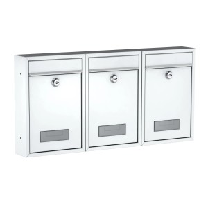 3er Set Basi Briefkästen BK 100M, matt weiß, mit Zylinderschloss und Namensschild.