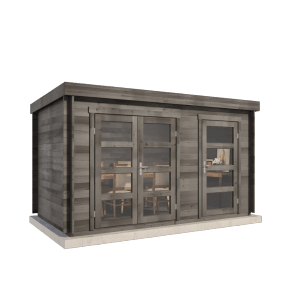 Graues Alpholz Gartenhaus Set Paloma Grande mit Dacheindeckung und Fußboden.