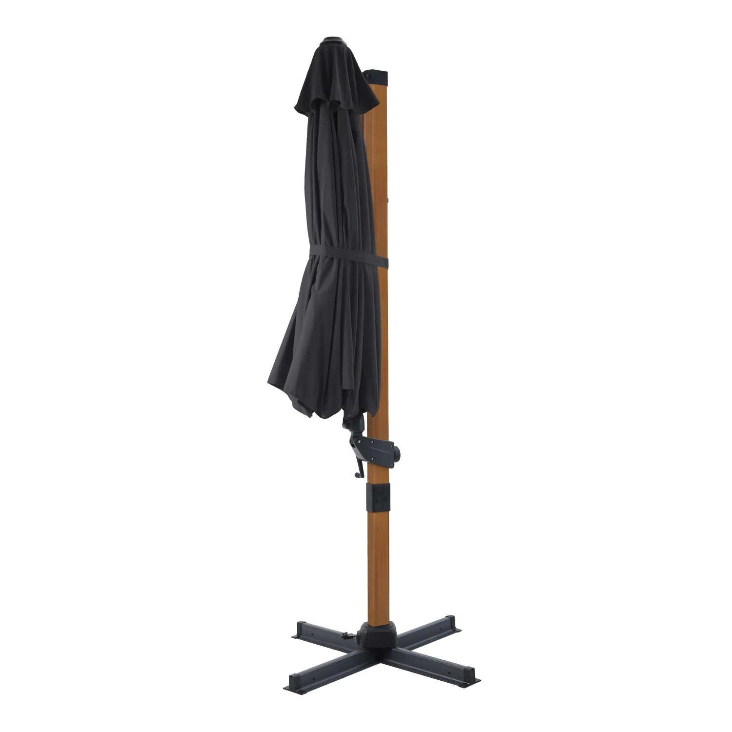 Geschlossener, grauer Axi Ampelschirm Cyrus Premium Ø 300 cm mit Holzoptik und Kreuzfuß.