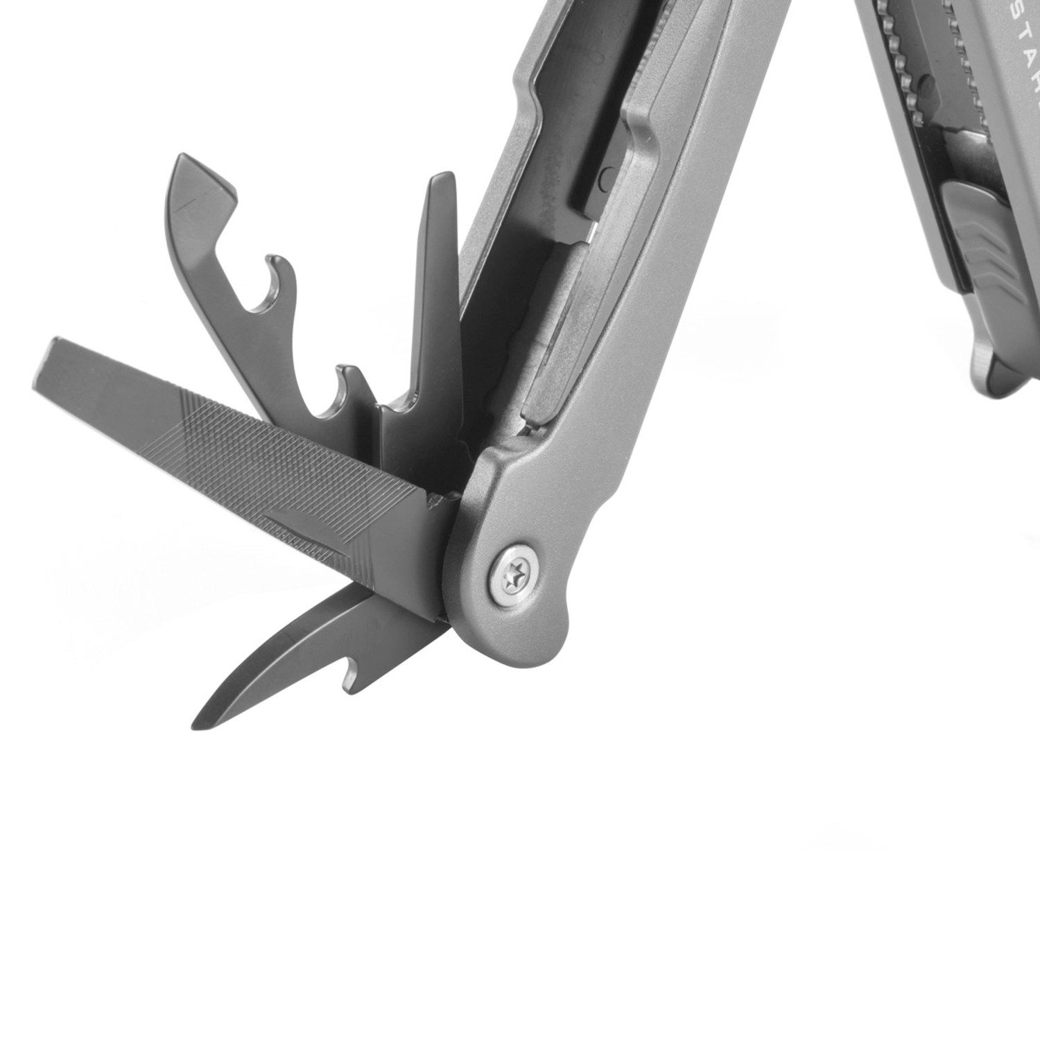 STAHLWERK Multitool, geöffnet mit Feile und Werkzeugen. Vielseitiges Werkzeug für Alltag und Outdoor.