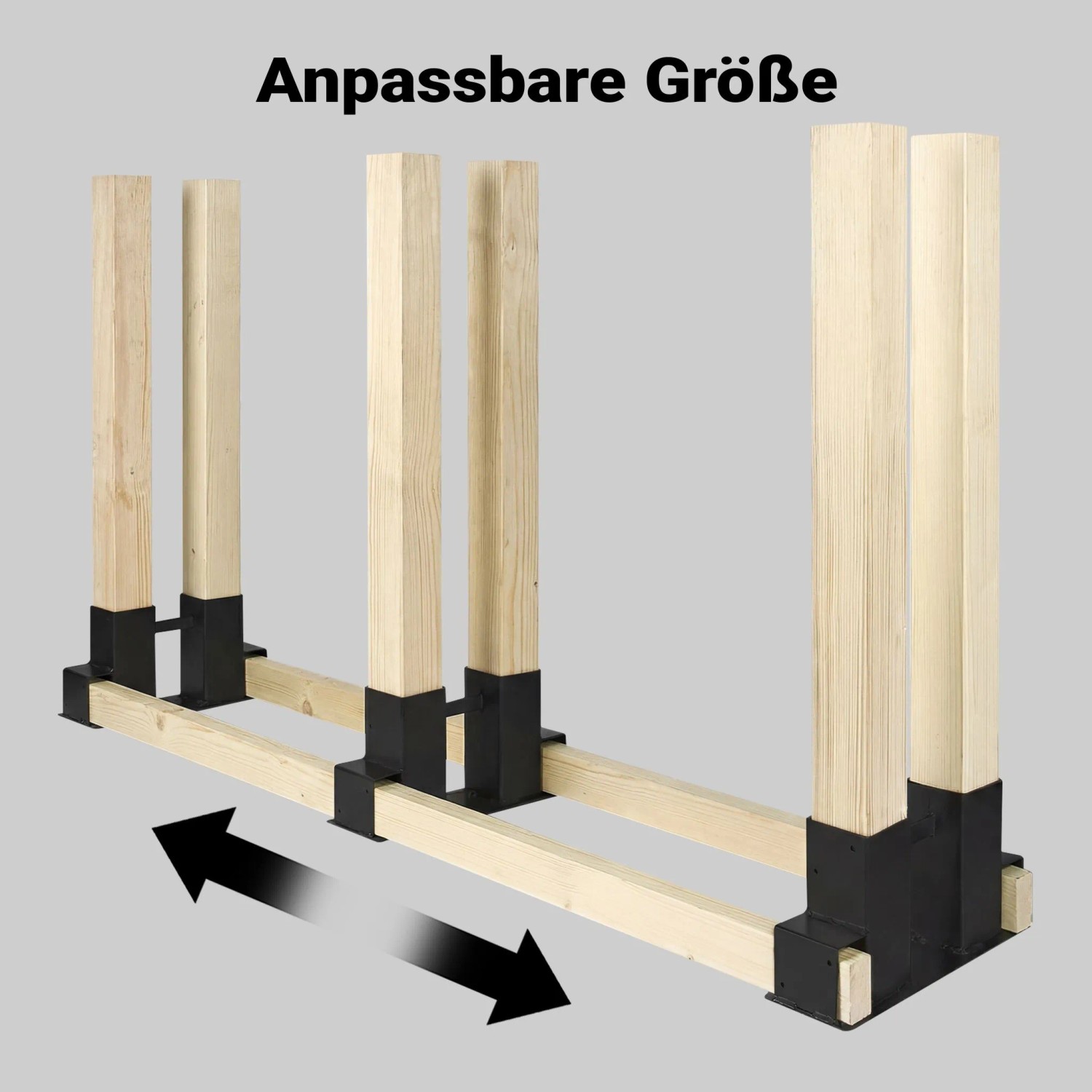 Wiltec Holzstapelhilfe aus schwarzem Stahl mit Holzkanthölzern, zeigt anpassbare Größe für Brennholz. Flexibler Kaminholzhalter.
