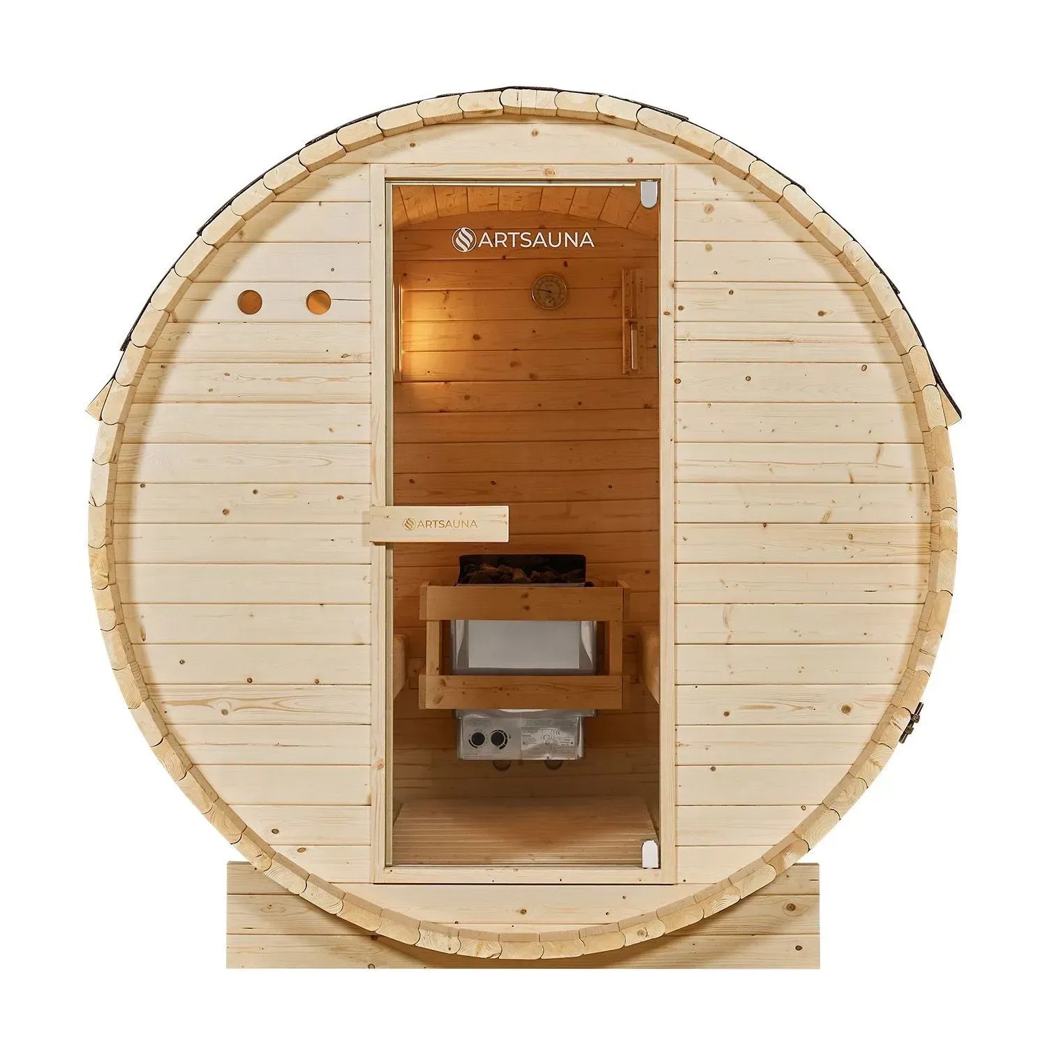 Artsauna Fasssauna Spitzbergen 180 cm aus Fichtenholz mit Saunaofen und Glastür.