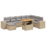 Beige 9-tlg. Garten-Sofagarnitur aus Polyrattan mit Tisch und hellgrauen Kissen.