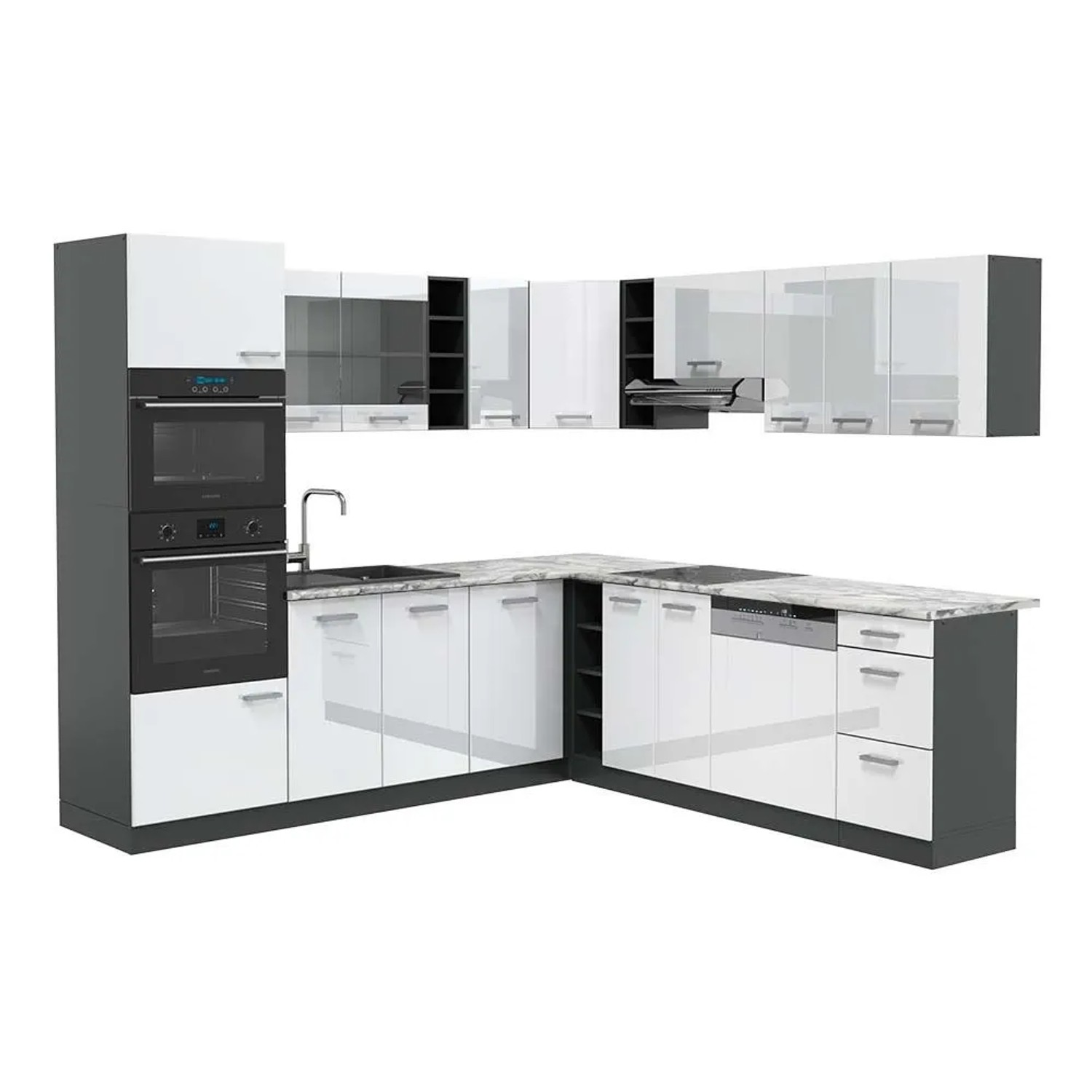 Vicco Eckküche R-Line Weiß Hochglanz/Anthrazit 247 x 82, AP Marmor