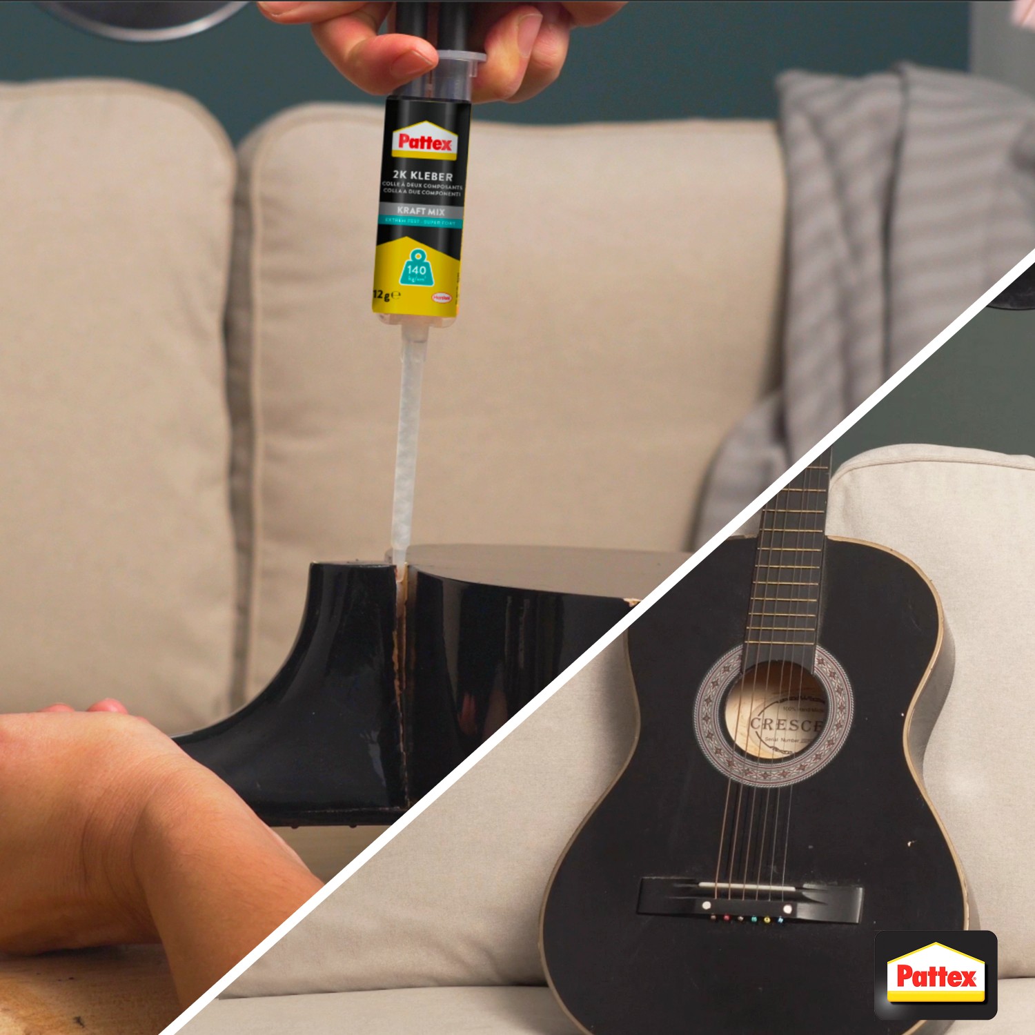 Anwendung von Pattex Kraft-Mix Extrem Fest Kleber zum Reparieren einer Gitarre.
