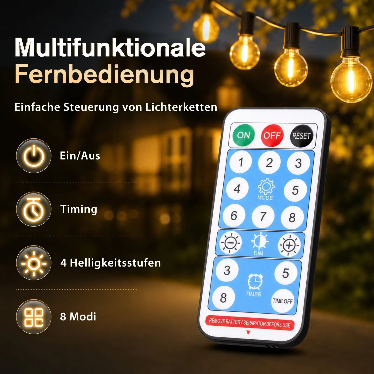 Fernbedienung für Salcar Solar G40 LED Lichterkette. Steuert 8 Modi, Helligkeit und Timer für Außenbeleuchtung.