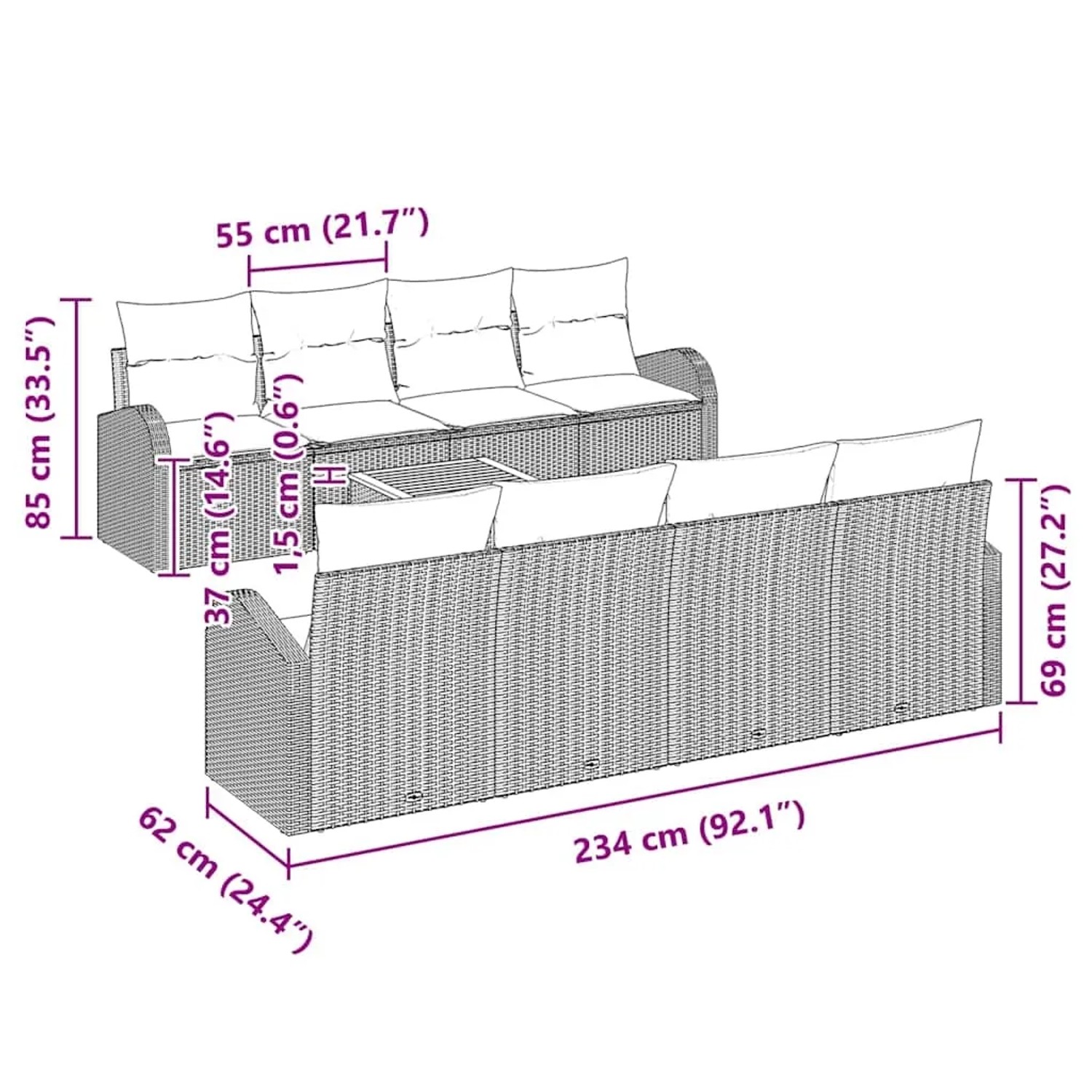 vidaXL Garten-Sofa-Set, 9-teilig, schwarz, mit Maßen. Ideal für Terrasse und Garten.