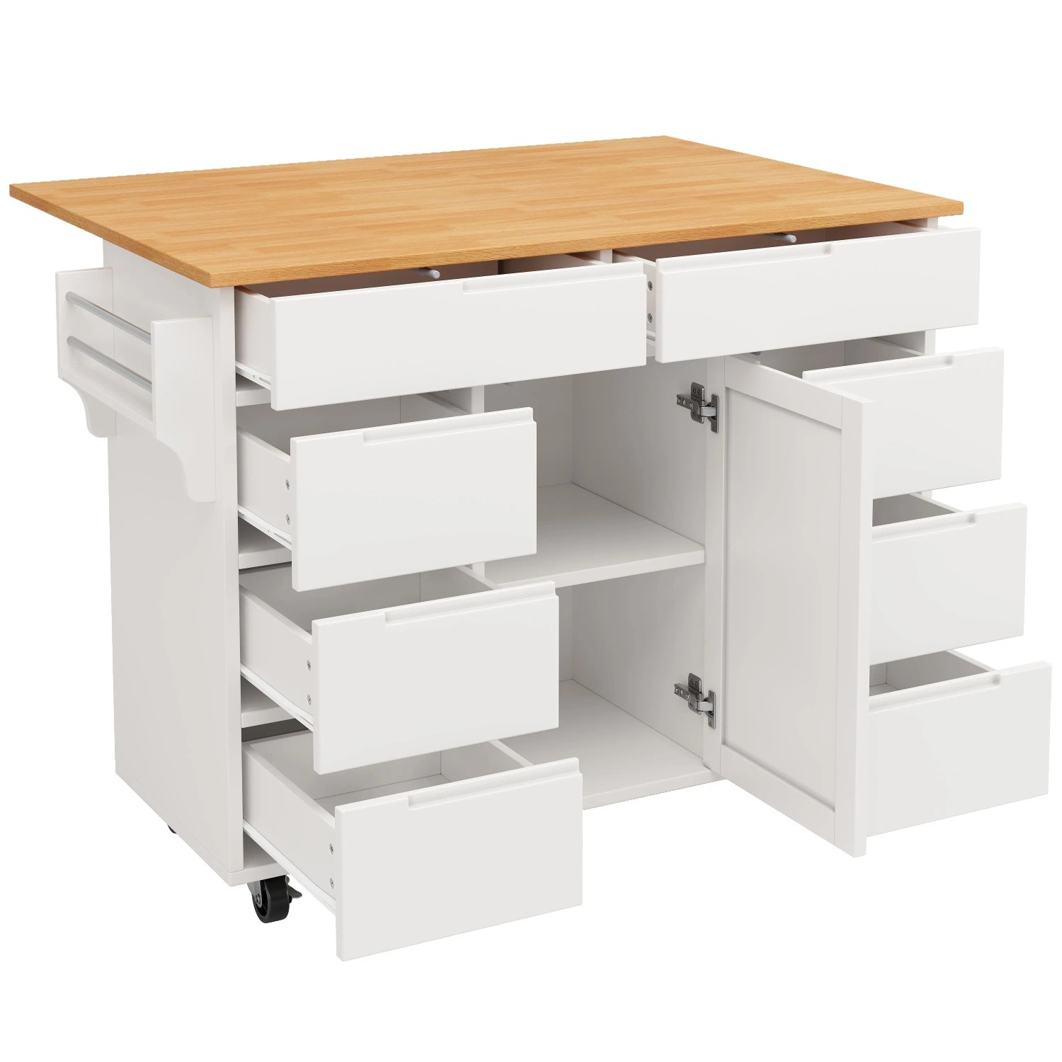 okwish Kücheninsel mit Rollen Arbeitsplatte Gewürzregal Schubladen Küche 122x74x91cm Weiß
