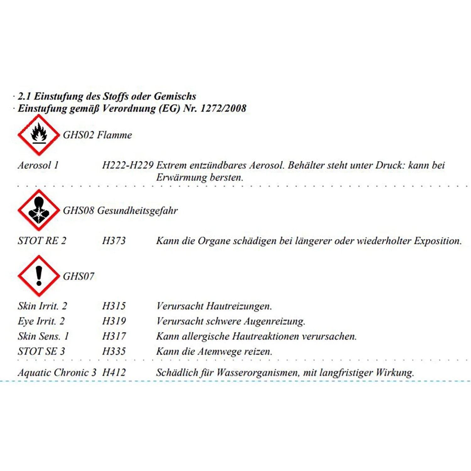 Gefahrenhinweise: Entzündbares Aerosol, Gesundheitsgefahr, Hautreizung, Augenschäden, Atemwegsreizung, Umweltgefährdung.