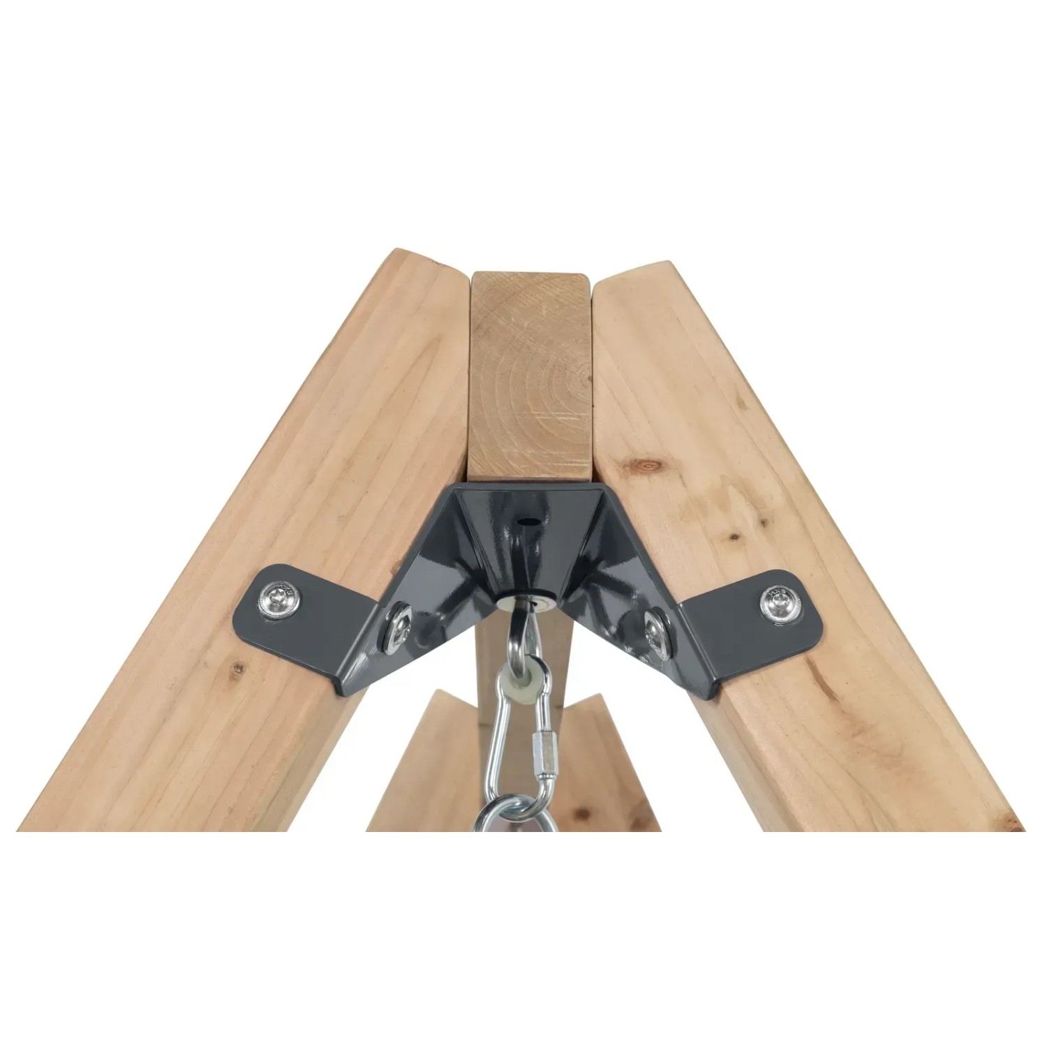 Detailaufnahme der Holzkonstruktion der Swing King Schaukel Ollie mit Metallverbindungen.