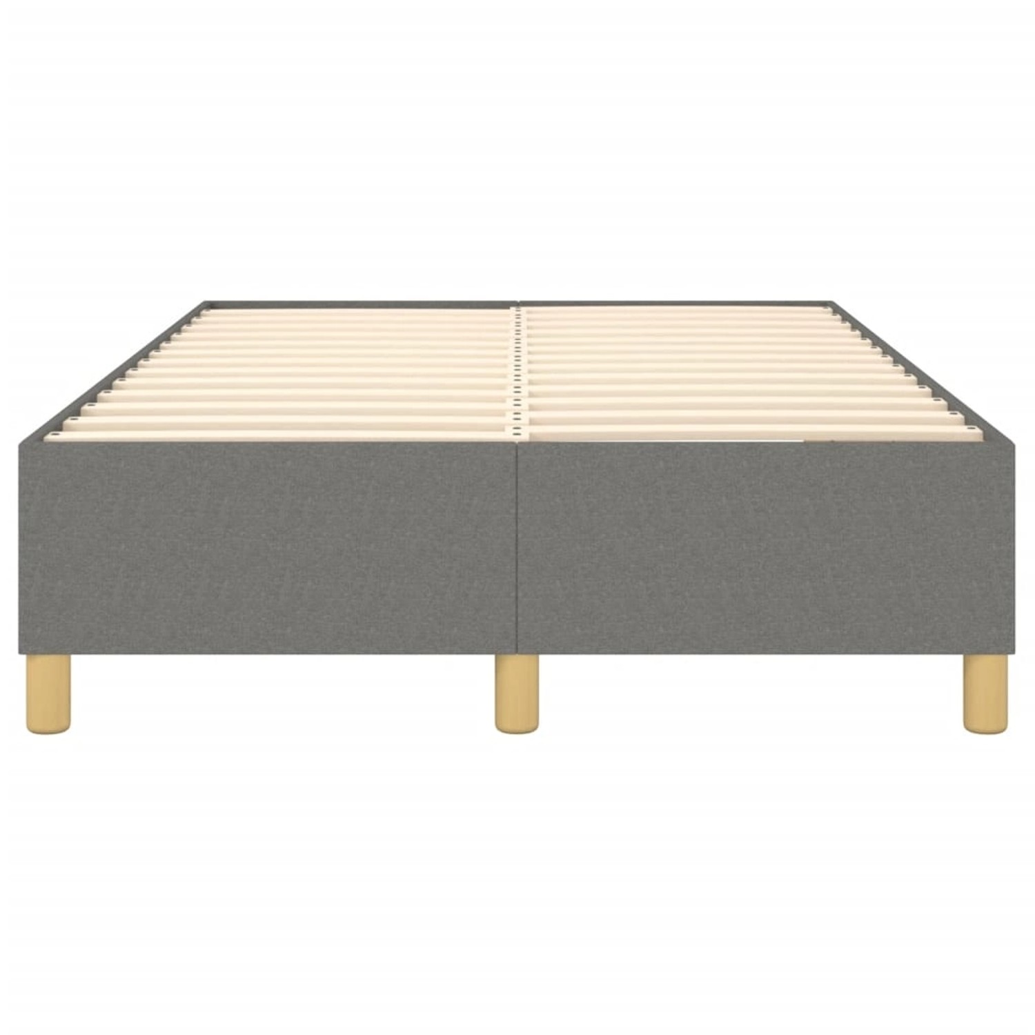 Dunkelgraues vidaXL Boxspringbett (120x200 cm) aus Stoff mit Holzlattenrost und Füßen.