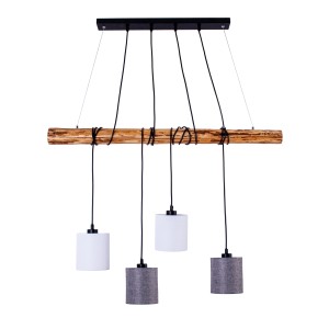 Näve Pendelleuchte Malta 4er-Set: Holz-Balken mit vier Lampenschirmen in Grau und Weiß.