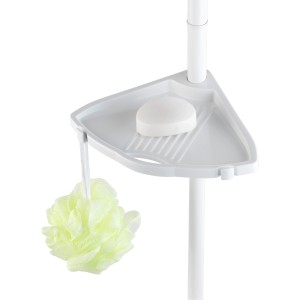 Wenko Teleskop-Duschecke Compact, weiße Ablage mit Seife und Badeschwamm.