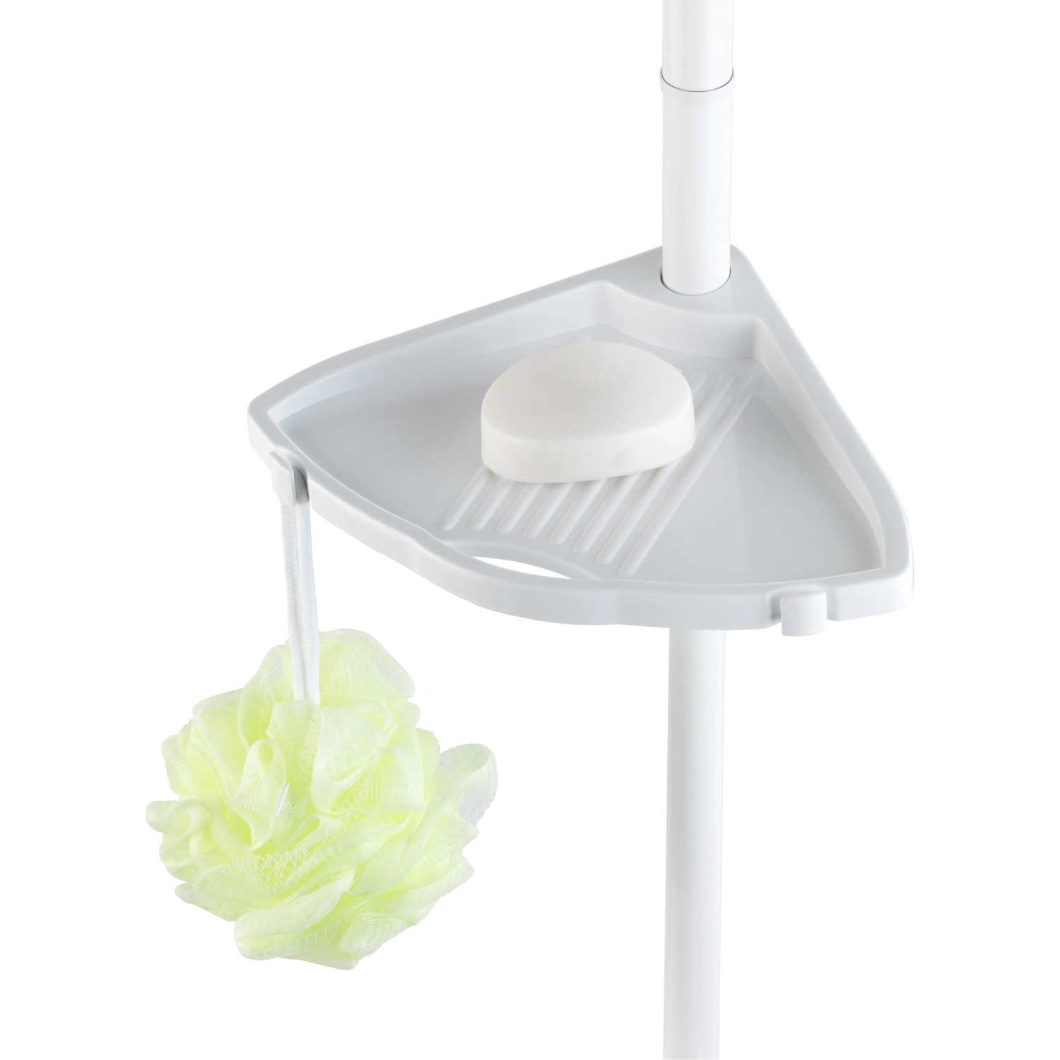 Wenko Teleskop-Duschecke Compact, weiße Ablage mit Seife und Badeschwamm.