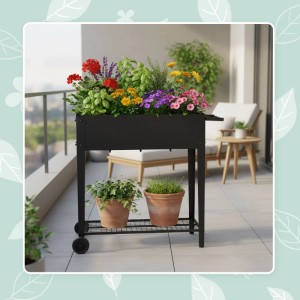 Schwarzes Metall-Hochbeet mit bunten Blumen und Kräutern auf Balkon. Mit Rädern und Gitterablage.