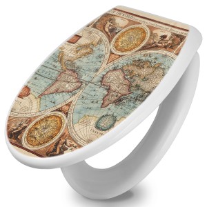 Weißer WC-Sitz mit Absenkautomatik und historischer Weltkarte als Motiv.