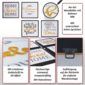 4er-Set Wandbilder 30x30cm mit schwarzen Holzrahmen, weißen Leinwänden und goldenen 3D-Sprüchen. Moderne Dekoartikel.