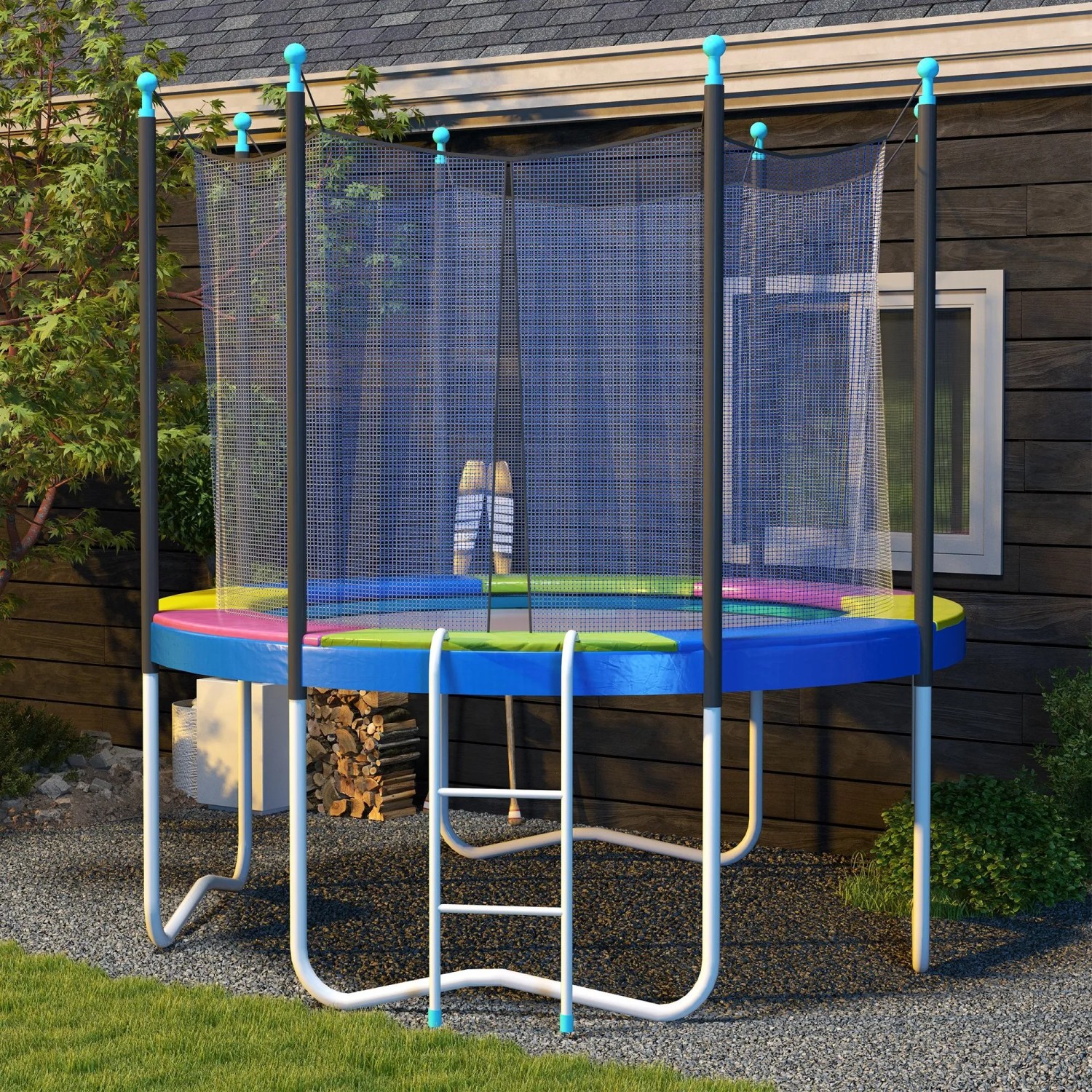 SPORTNOW Trampolin mit mehrfarbiger Randabdeckung und Sicherheitsnetz im Garten.