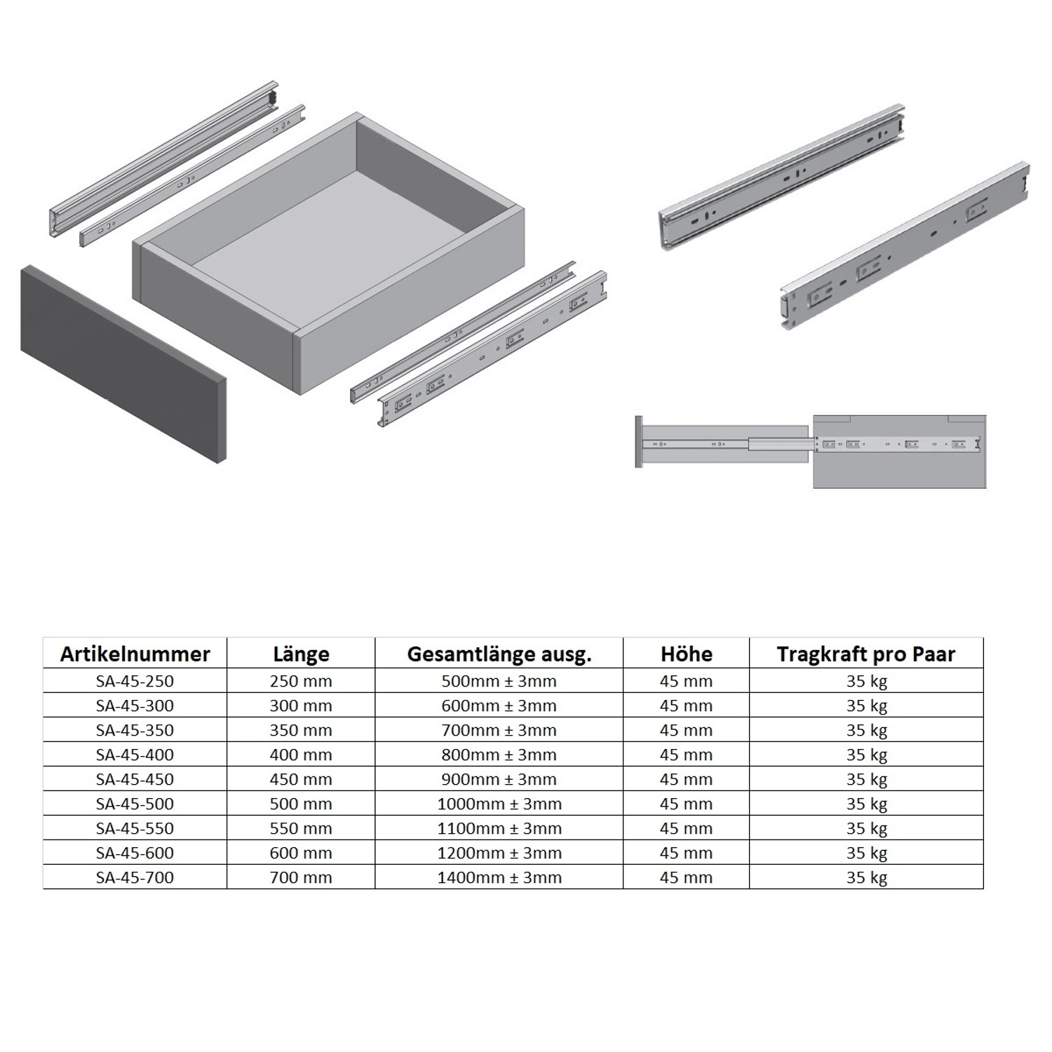 MS Beschläge Schubladenauszug Vollauszug, verzinkt, 250mm, mit Schublade und Montageelementen.