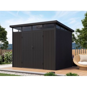 Modernes, dunkles WPC Gartenhaus Fjordholz Skylight Pent mit Oberlichtfenster und Flachdach.