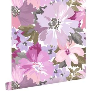 ESTAhome Tapete Blumen Violett und Olivgrün 50 x 900 cm