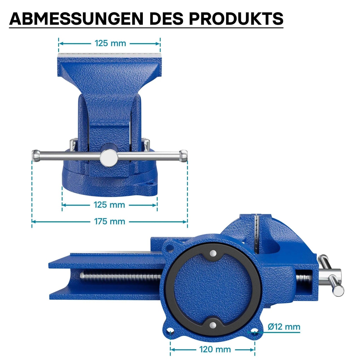 Wiltec Heavy Duty Schraubstock, blau, 125mm Klemmbacken. Detaillierte Maße für Werkbank-Montage.