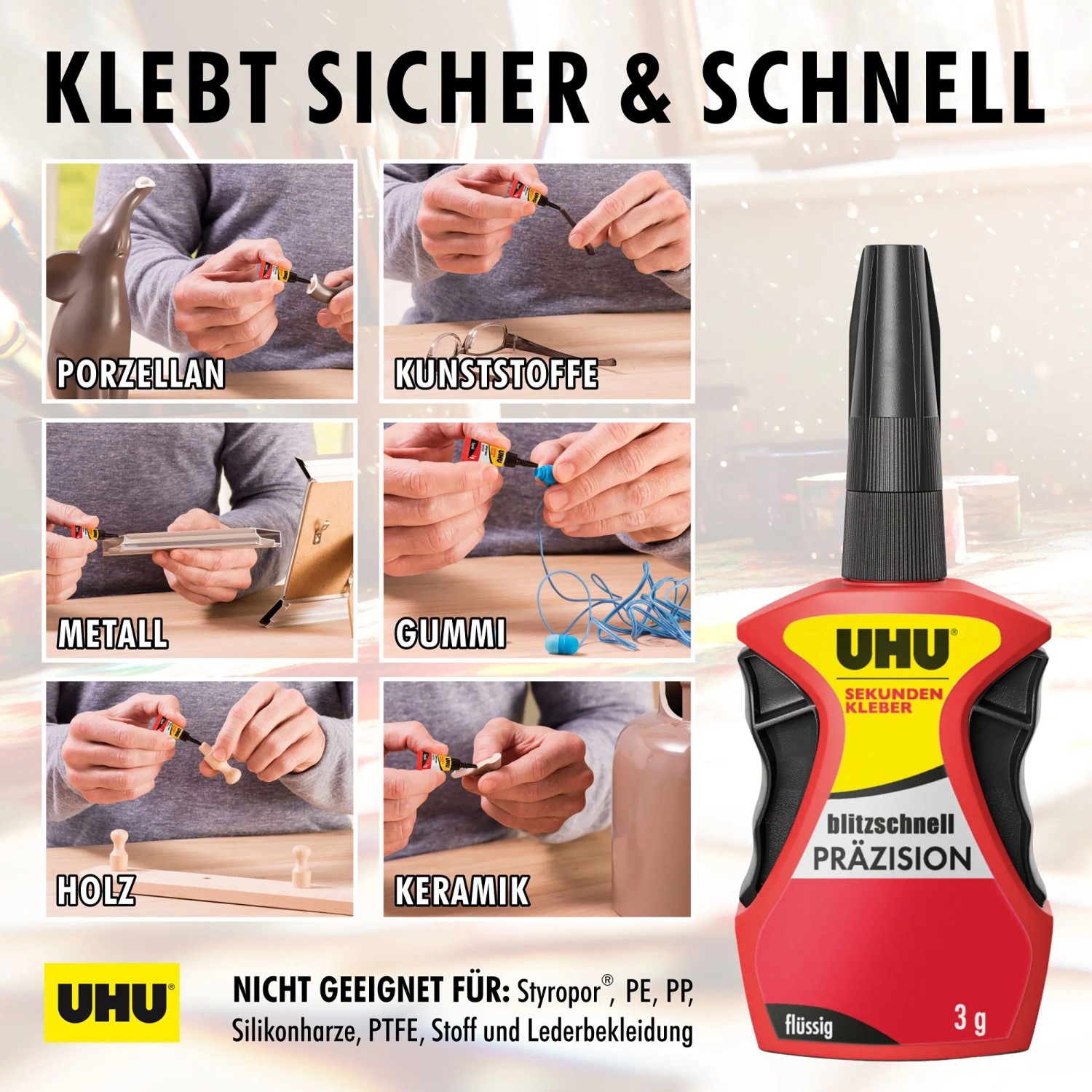 UHU Sekundenkleber Präzision, 3g Flasche. Geeignet für Porzellan, Kunststoff, Metall, Gummi, Holz und Keramik.