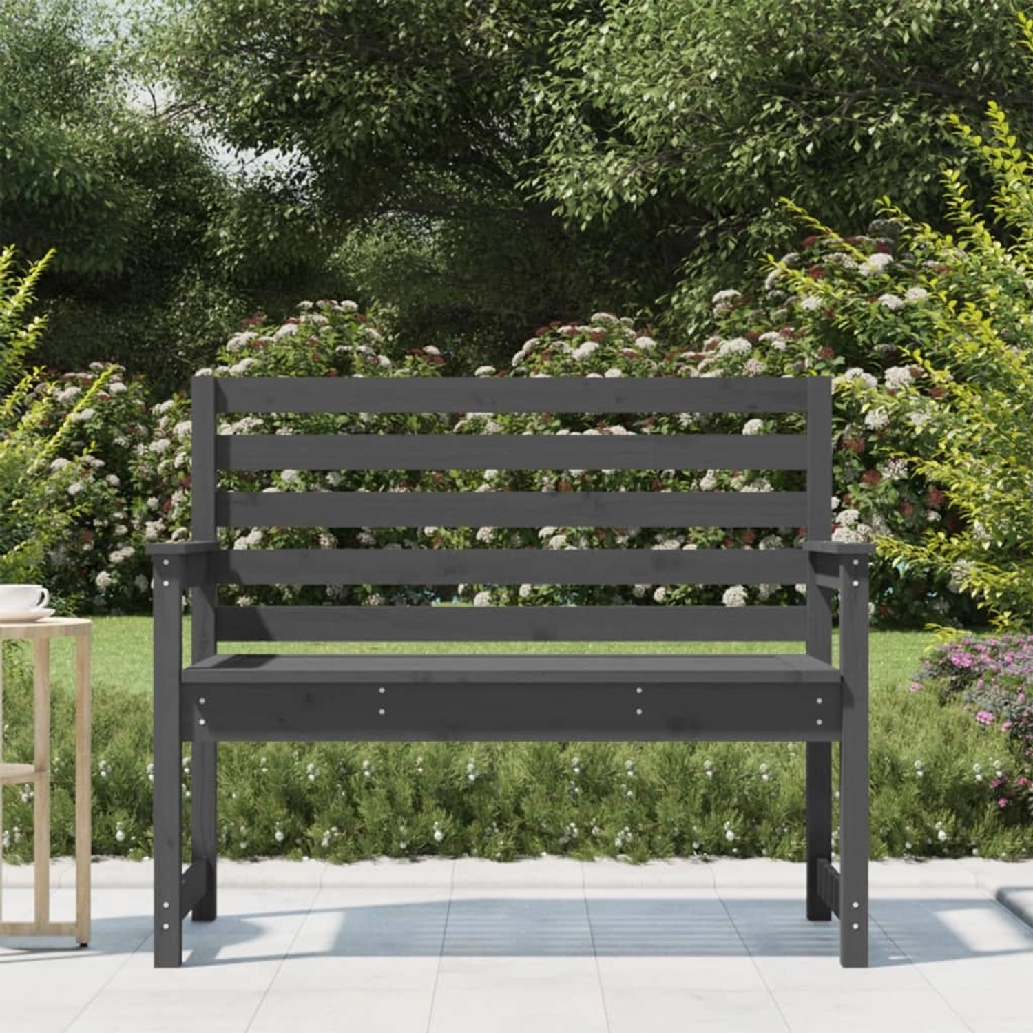 Graue VidaXL Gartenbank aus Kiefernholz, 109x48x91,5 cm, für Garten, Terrasse oder Balkon.